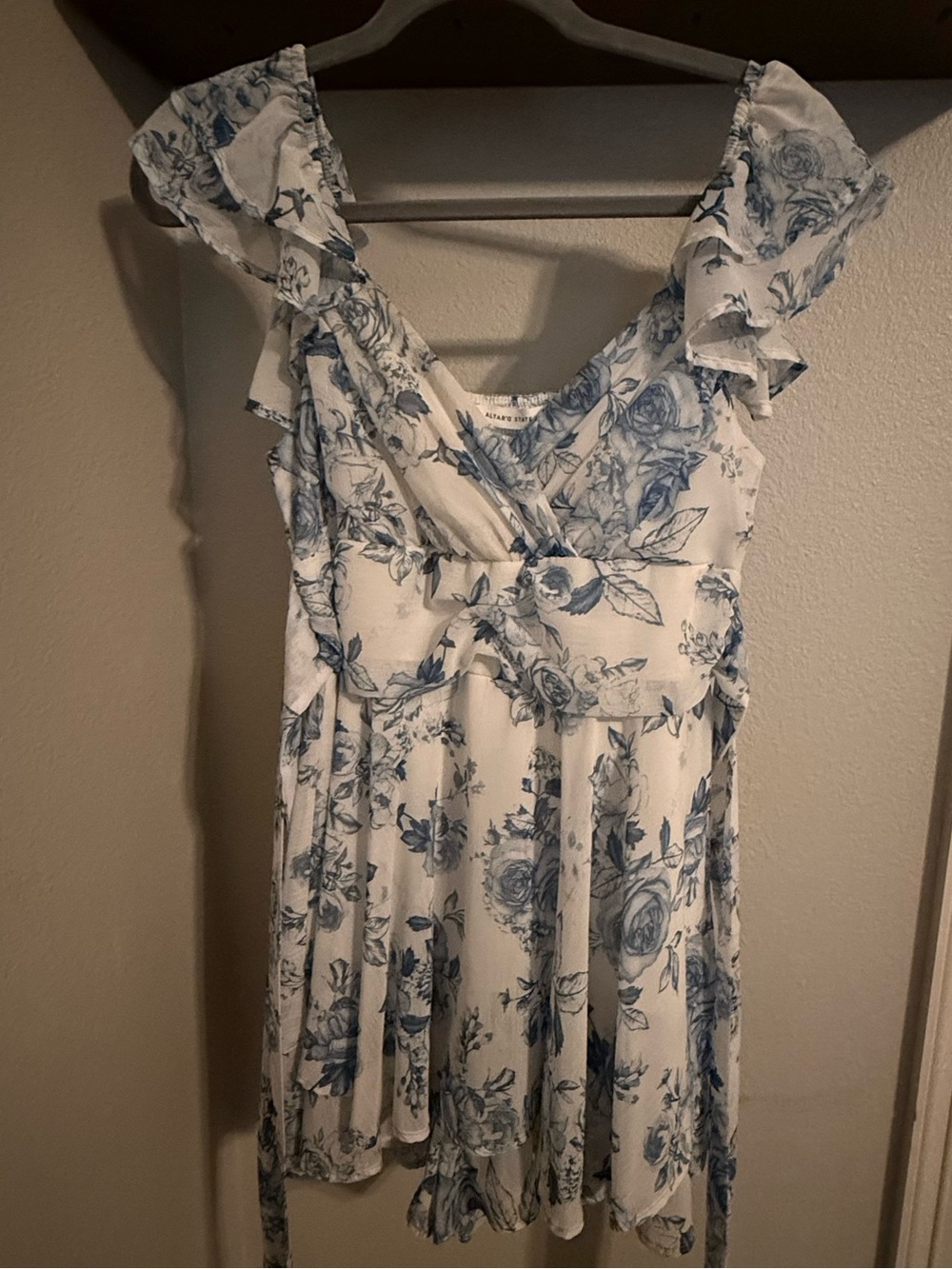 Altar'd State Blue and White Floral Ruffle Wrap Mini Dress